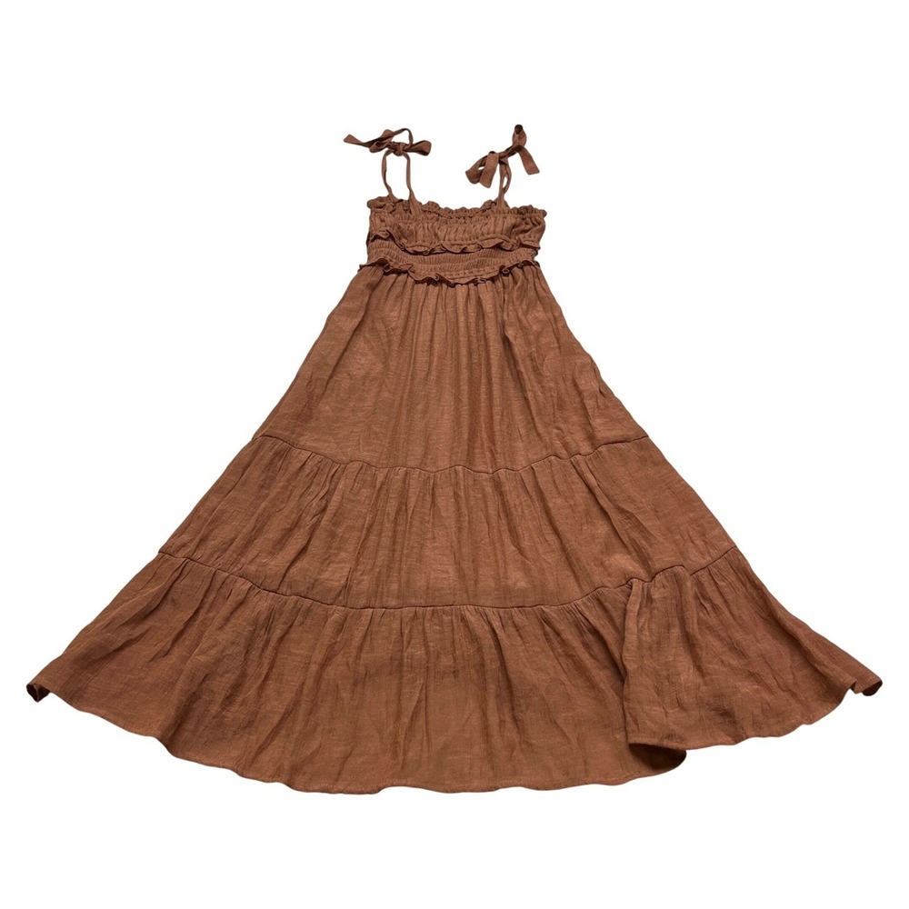 Just Found Tiered Maxi Womens Dress S Brown Polyester Rayon Smocked Tie Shoulder